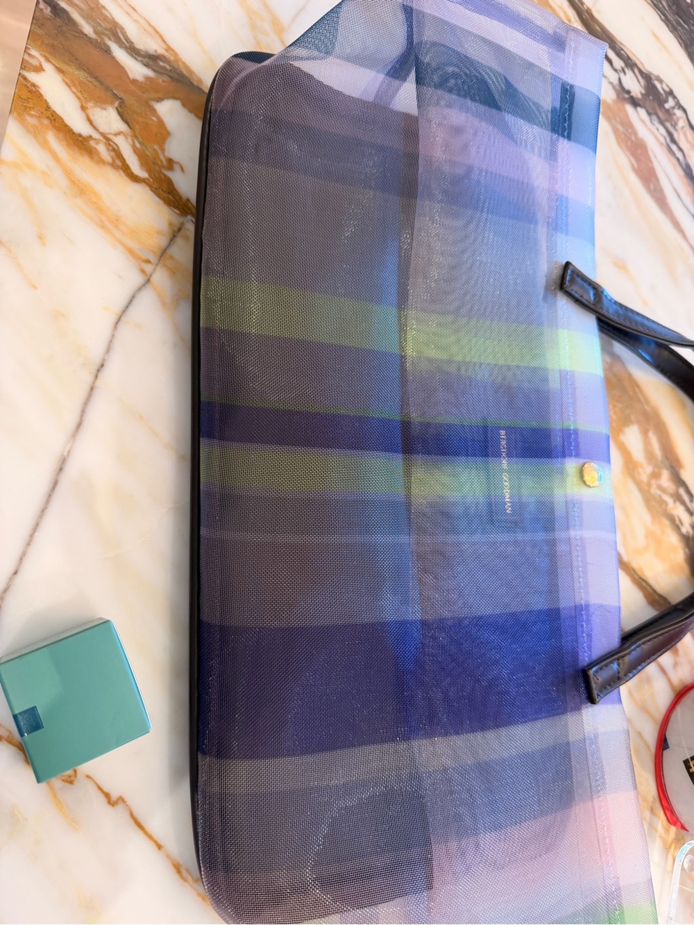 Bergdorf Goodman Mesh Tote Bag in Blue, Green & Purple and la mer eye cream